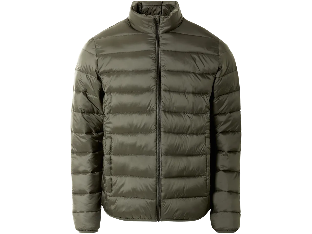 Casaco leve masculino verde-oliva com zíper frontal.