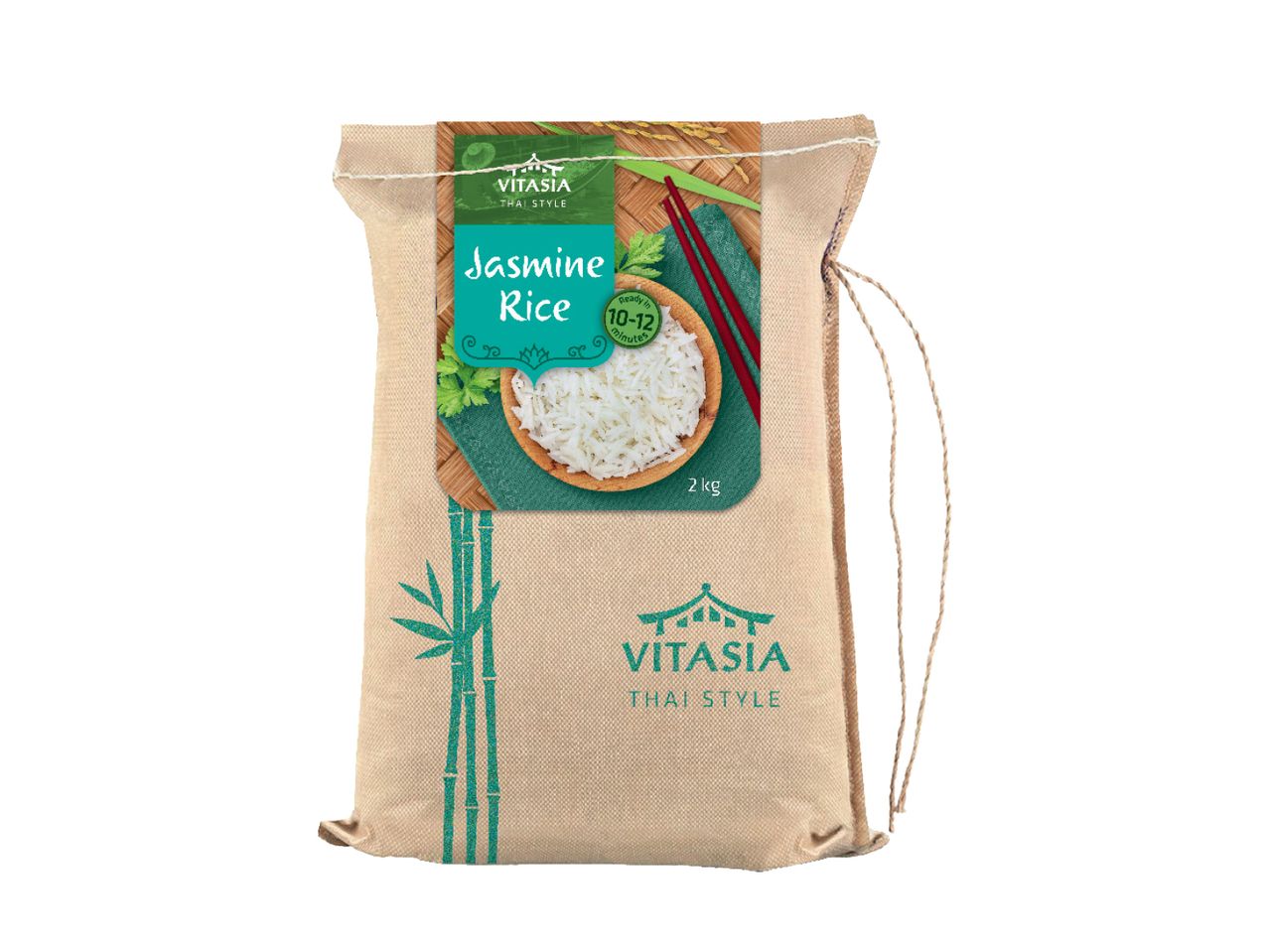Vitasia Thai Style Jasmine Rice, 2kg, u vreći od tkanine.