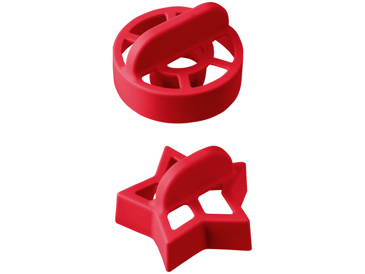 Zenker cepšanas piederumi: sarkans apaļš un zvaigznes formas griezējs.