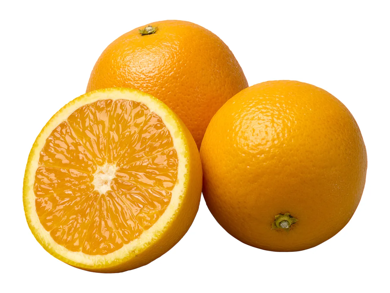 Two whole oranges and one orange half, showing the juicy pulp.
