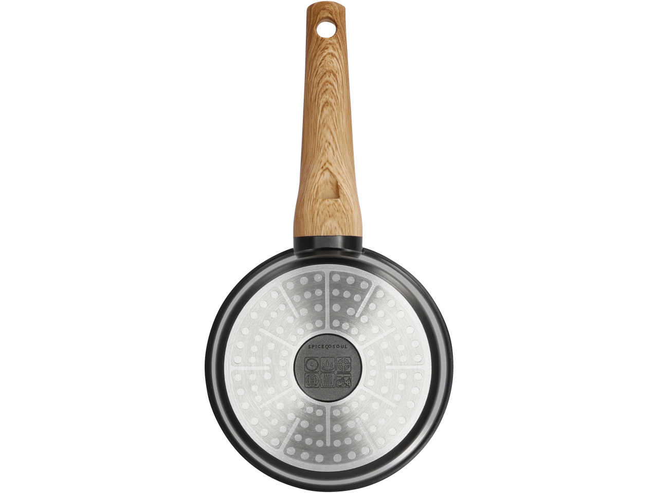 Caçarola de alumínio SILVERCREST com cabo efeito madeira e base com o logótipo 'SPICE & SOUL'.