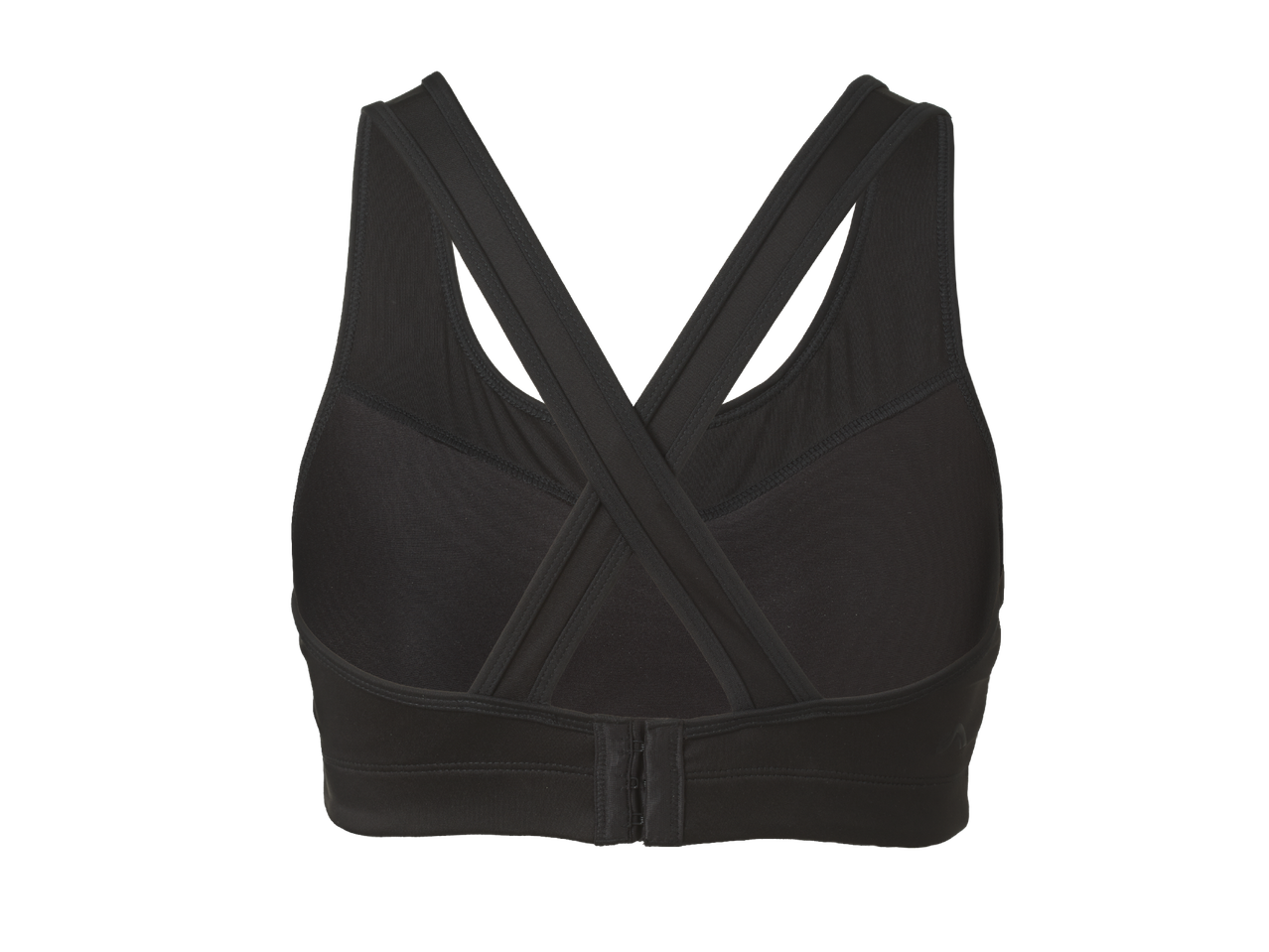 Черен спортен сутиен с кръстосани презрамки на гърба и закопчаване с кукички.