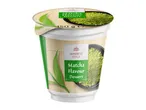 Matcha flavour dessert cup with Japanese style design and green tea leaves.