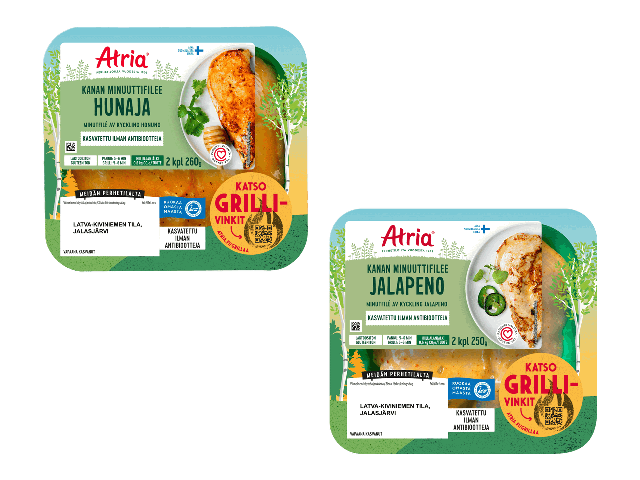 Kaksi pakkausta hunaja- ja jalapenokanan minuuttifileitä, kasvatettu ilman antibiootteja.