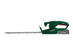 Cordless hedge trimmer with a long blade and a battery pack.