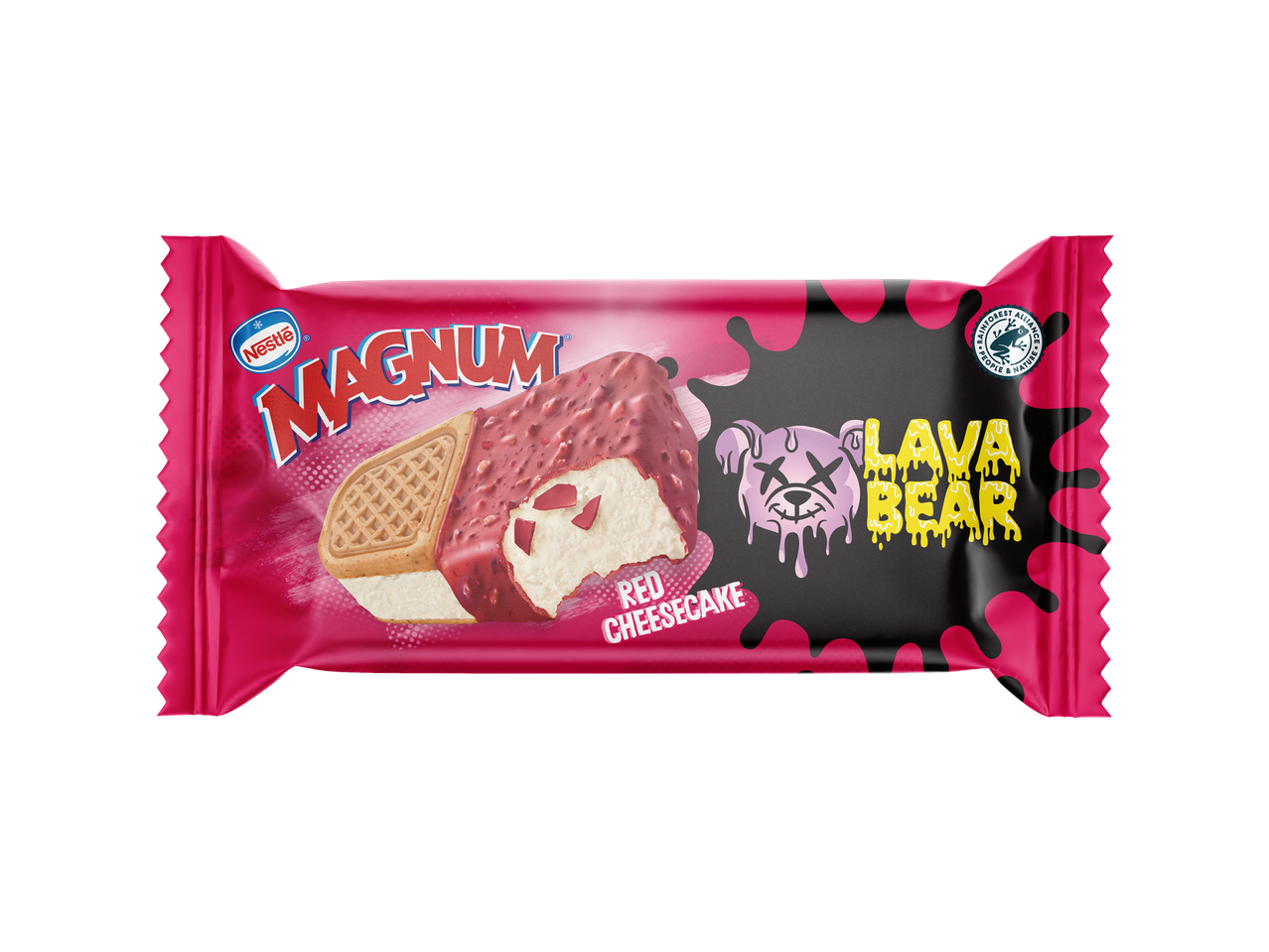 Опаковка на сладолед с червен чийзкейк, с надпис „LAVA BEAR“ и мечешки мотив.