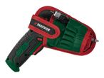 Parkside cordless screwdriver with a USB charging cable in a green and red fabric case