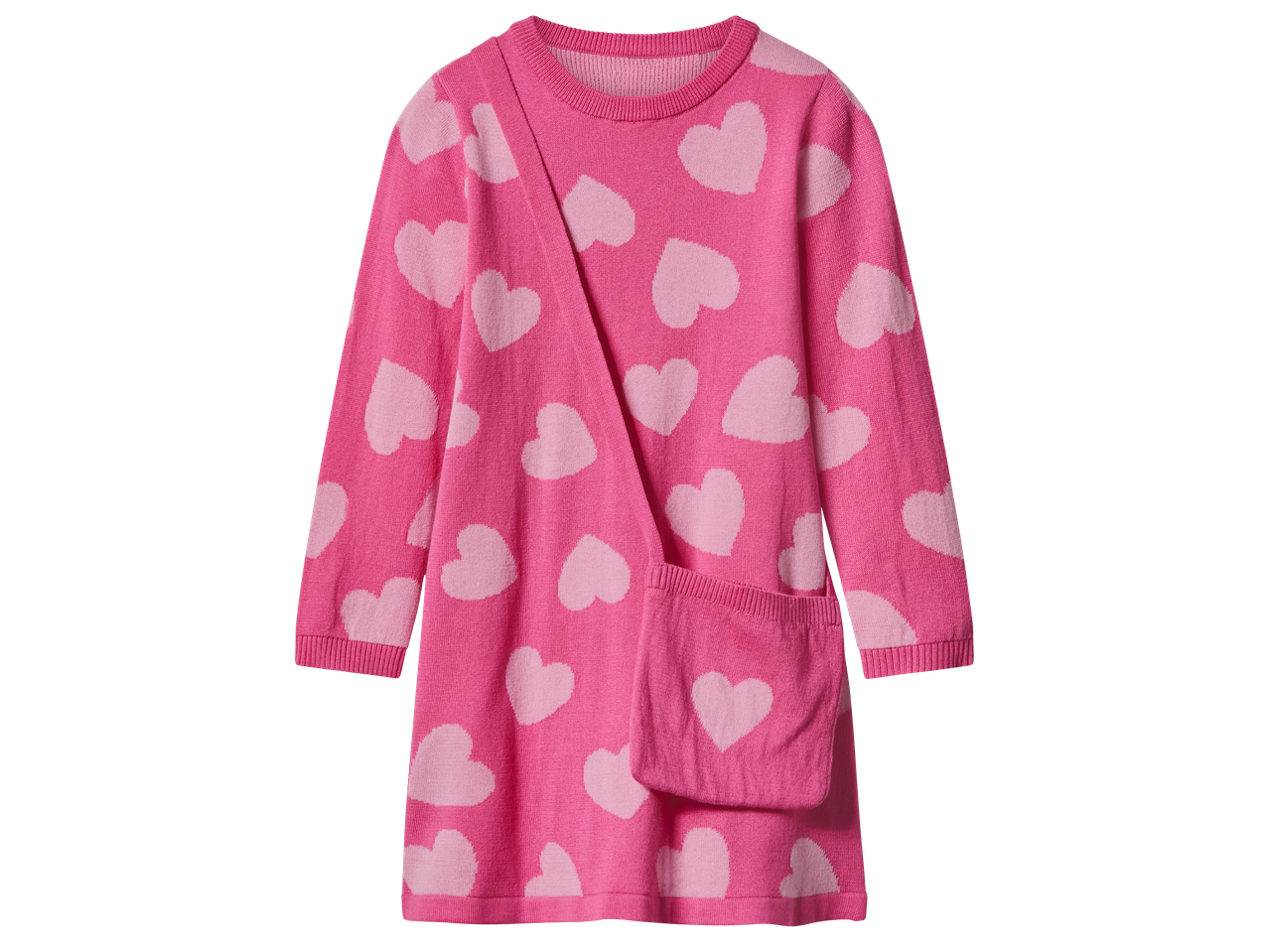 Розова плетена рокля с дълъг ръкав и щампа на сърца, с джоб.