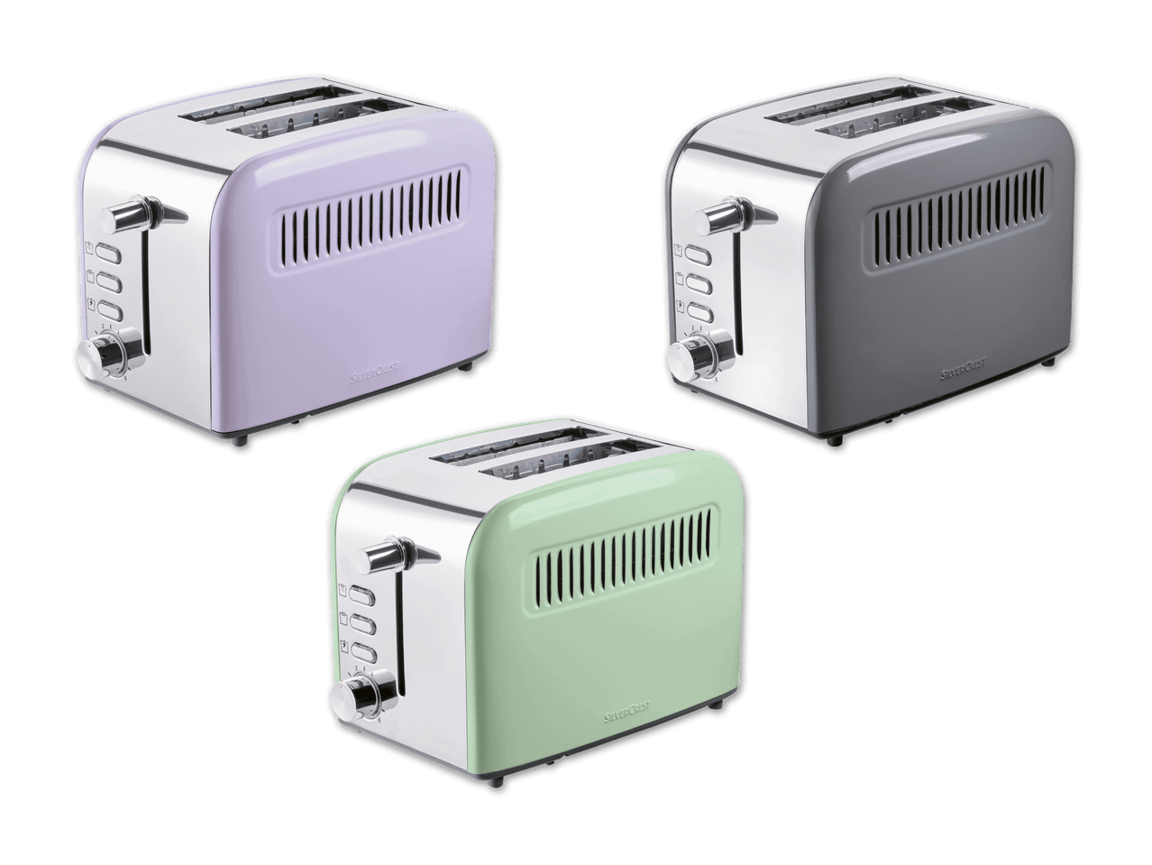 Drei SilverCrest Toaster in Lila, Grau und Mintgrün.