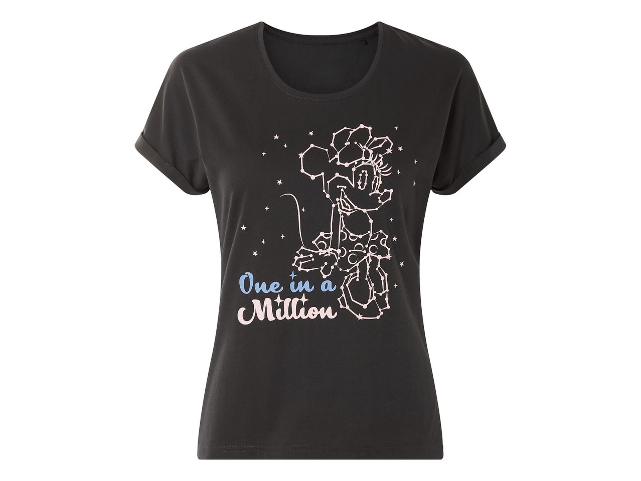 Minnie egérrel díszített, sötét szürke póló, 'One in a Million' felirattal.