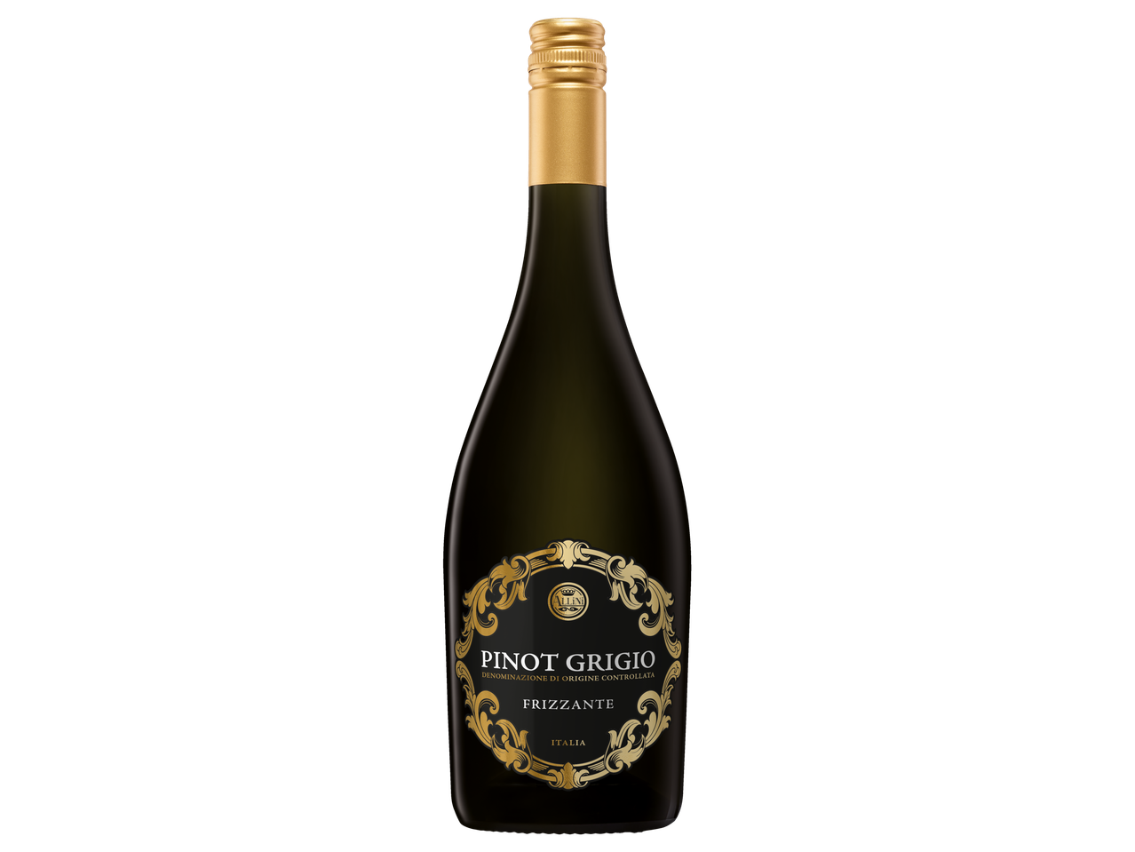 Sticlă de vin Allini Pinot Grigio Frizzante DOC pe fundal negru.