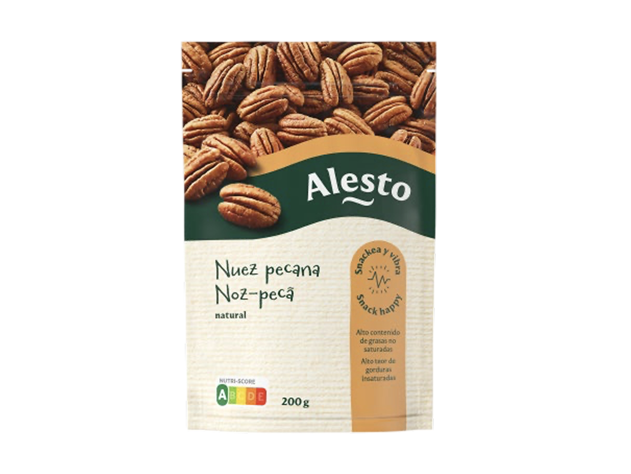 Embalagem de nozes-pecã com a indicação de 200g e Nutri-Score A.