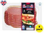 Pack of 8 smoked dry cured back bacon rashers with a Union Jack heart and 'chilled' icon.
