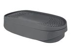 Gray rectangular container with a perforated lid, angled view.