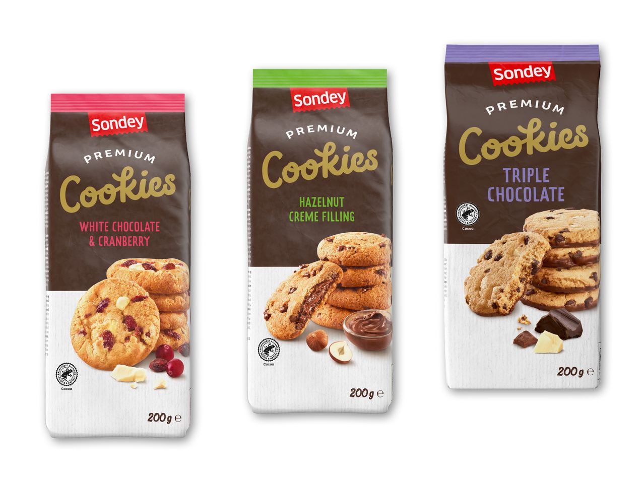 Tre poser med forskellige Gourmet-cookies:  Havregryn, chokolade og mørk chokolade.