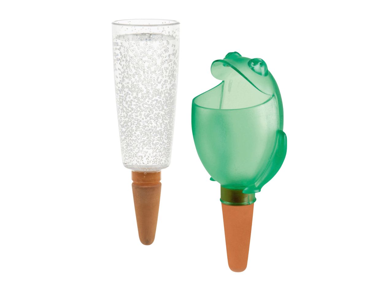 Zwei Pflanzenbewässerungshelfer, einer mit klarem Wasserbehälter und einer in Froschform.