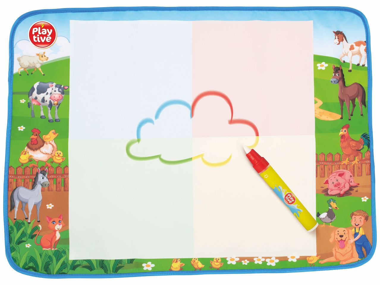 Tapis de dessin à l'eau Playtive avec motif de ferme et stylo.