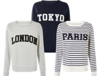 Tre tröjor med tryck av städer: Tokyo, London och Paris.