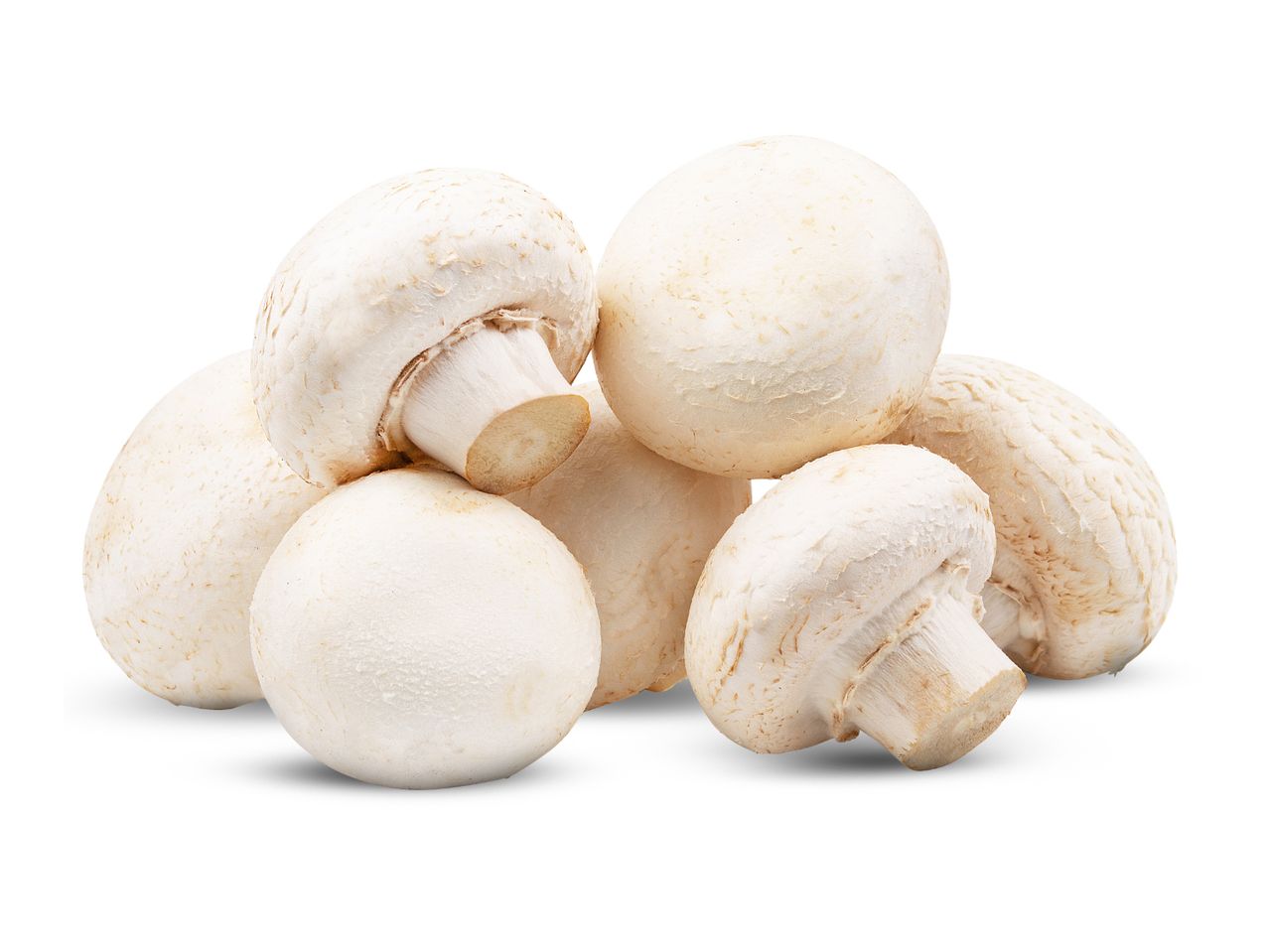 A pile of fresh white button mushrooms with visible stems and caps.