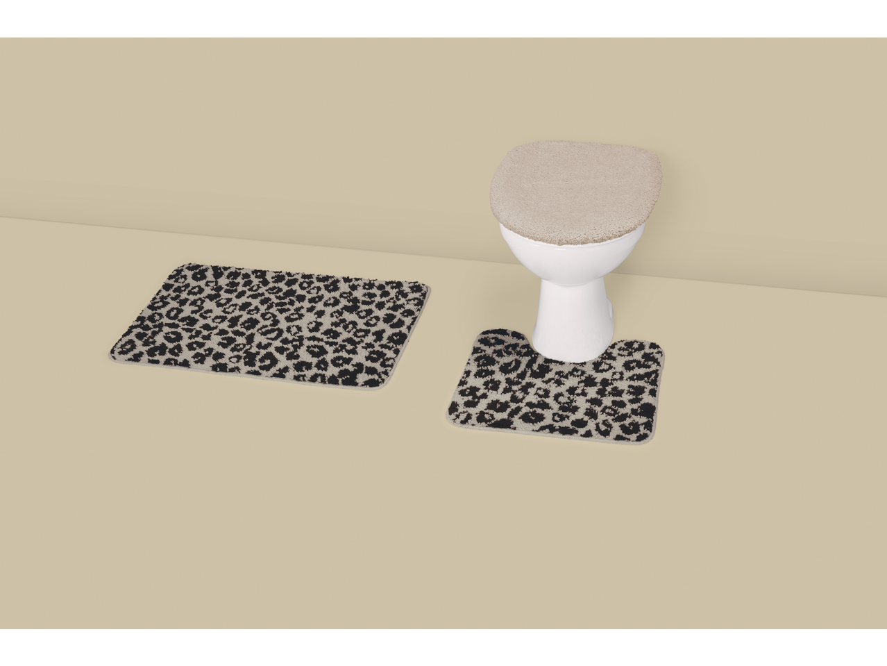 Set kupaonskih prostirki s leopard uzorkom, s prostirkom za WC školjku i pravokutnom prostirkom.