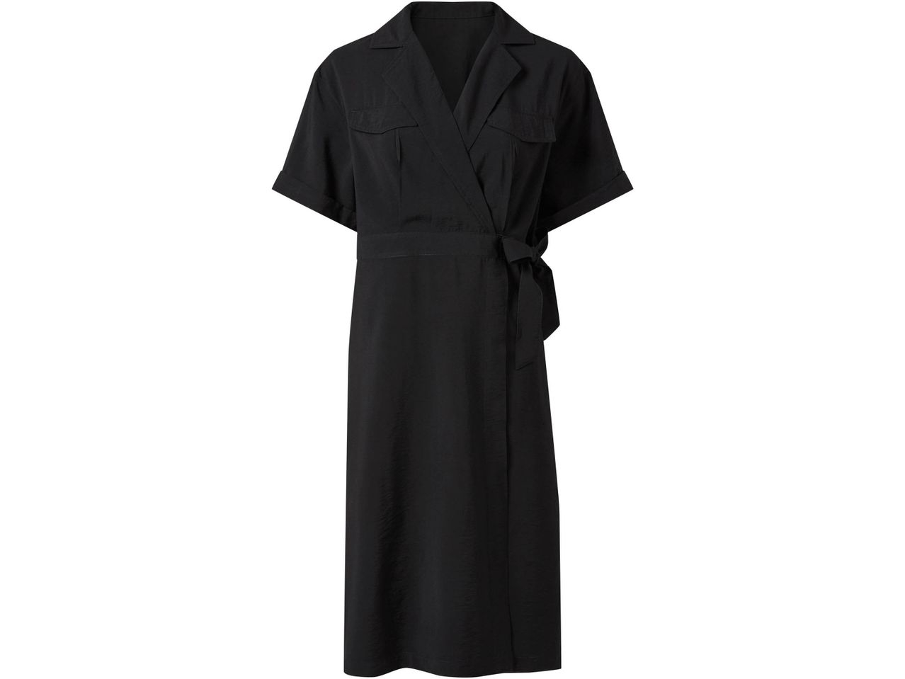 Abito midi nero a portafoglio con maniche corte e colletto a camicia.