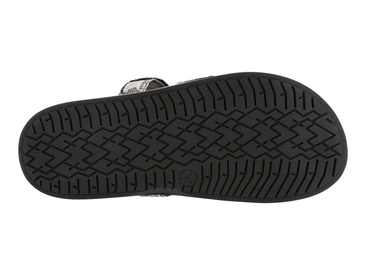 Bottom view of a black sandal with a patterned sole and snakeskin-like strap.