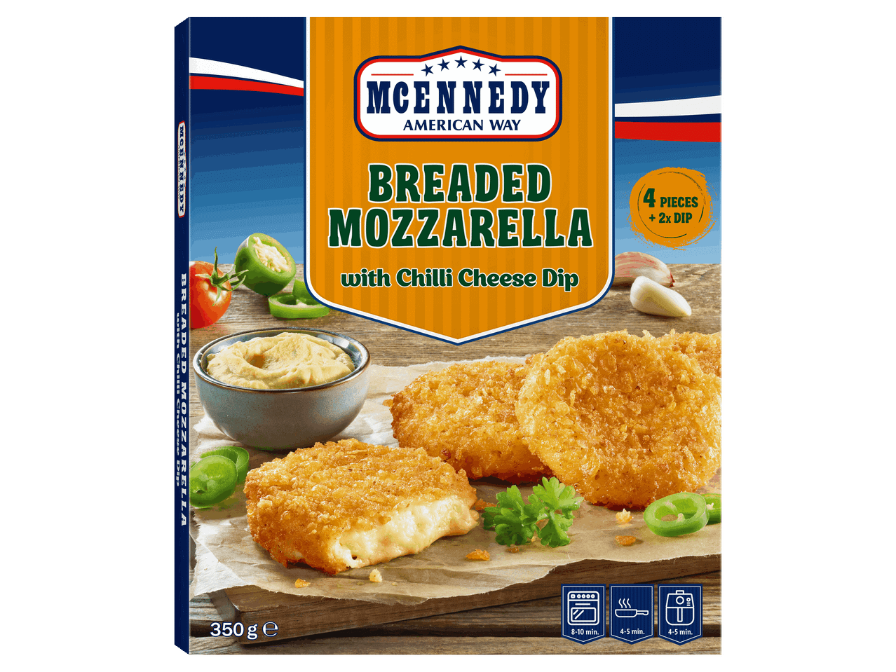 Rántott mozzarella chili-sajtos mártogatóssal, 350 g-os kiszerelésben.