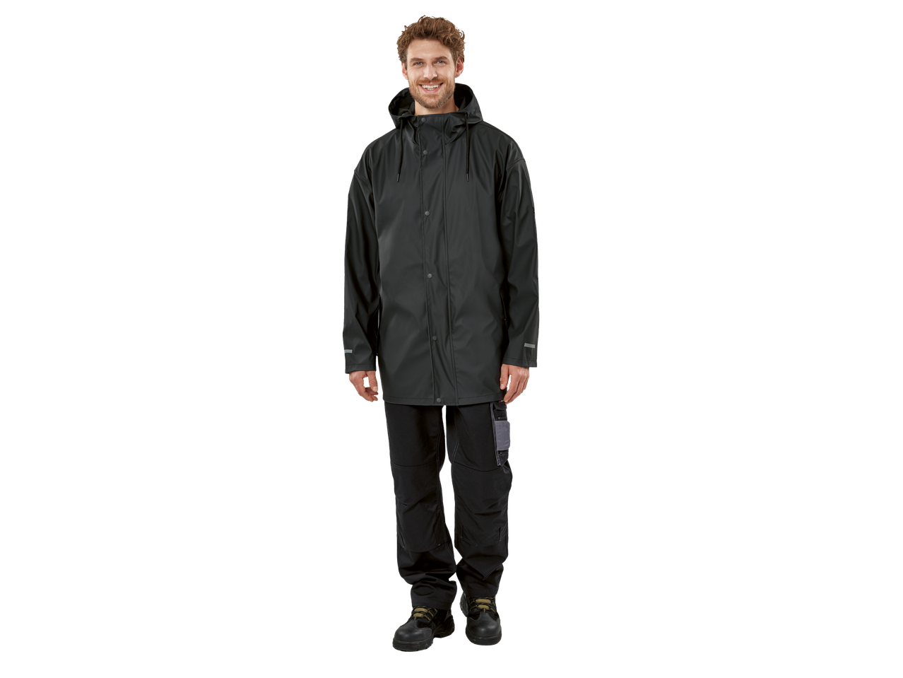 Black raincoat and work trousers.
