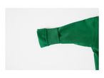 Close-up of a green sweatshirt sleeve with a ribbed cuff on a white background.