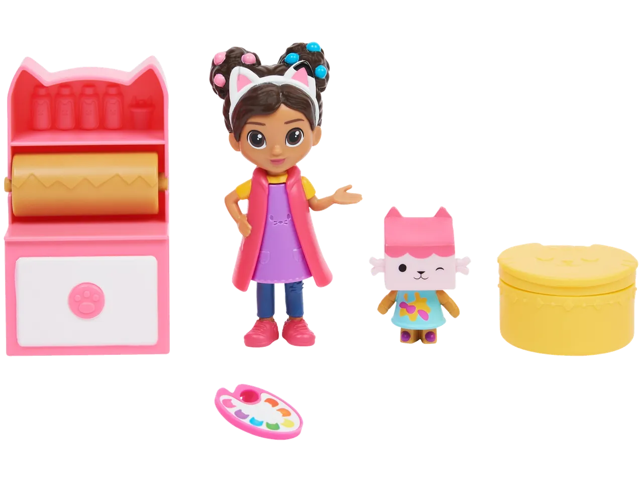 Gabby's Dollhouse žaidimų rinkinys su Gabby, Pandy Paws figūrėlėmis ir meno aksesuarais.