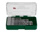 A green plastic case containing a set of Swisher drill bits.