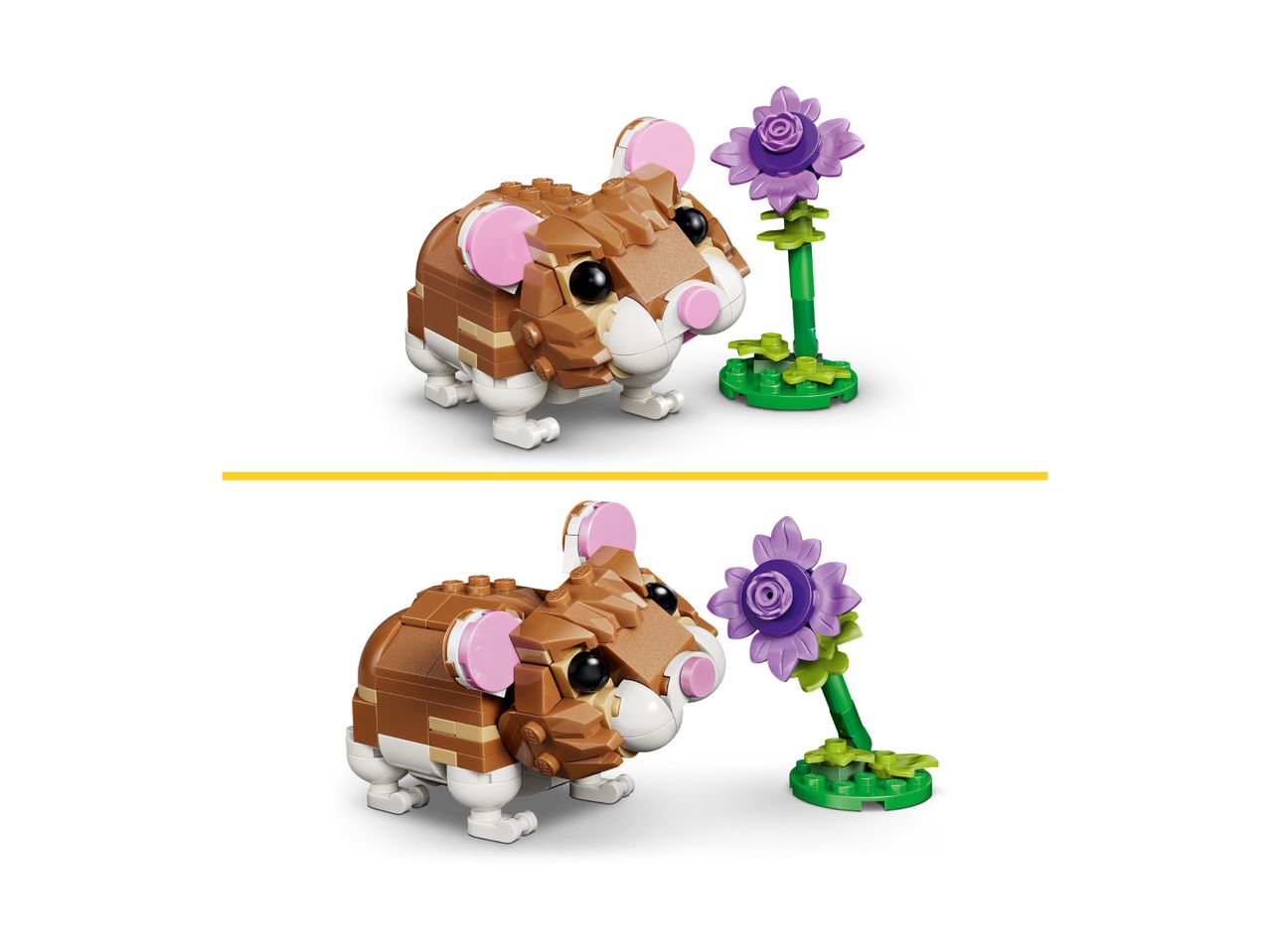 Two identical images of a brown and white toy hamster looking at a purple flower.