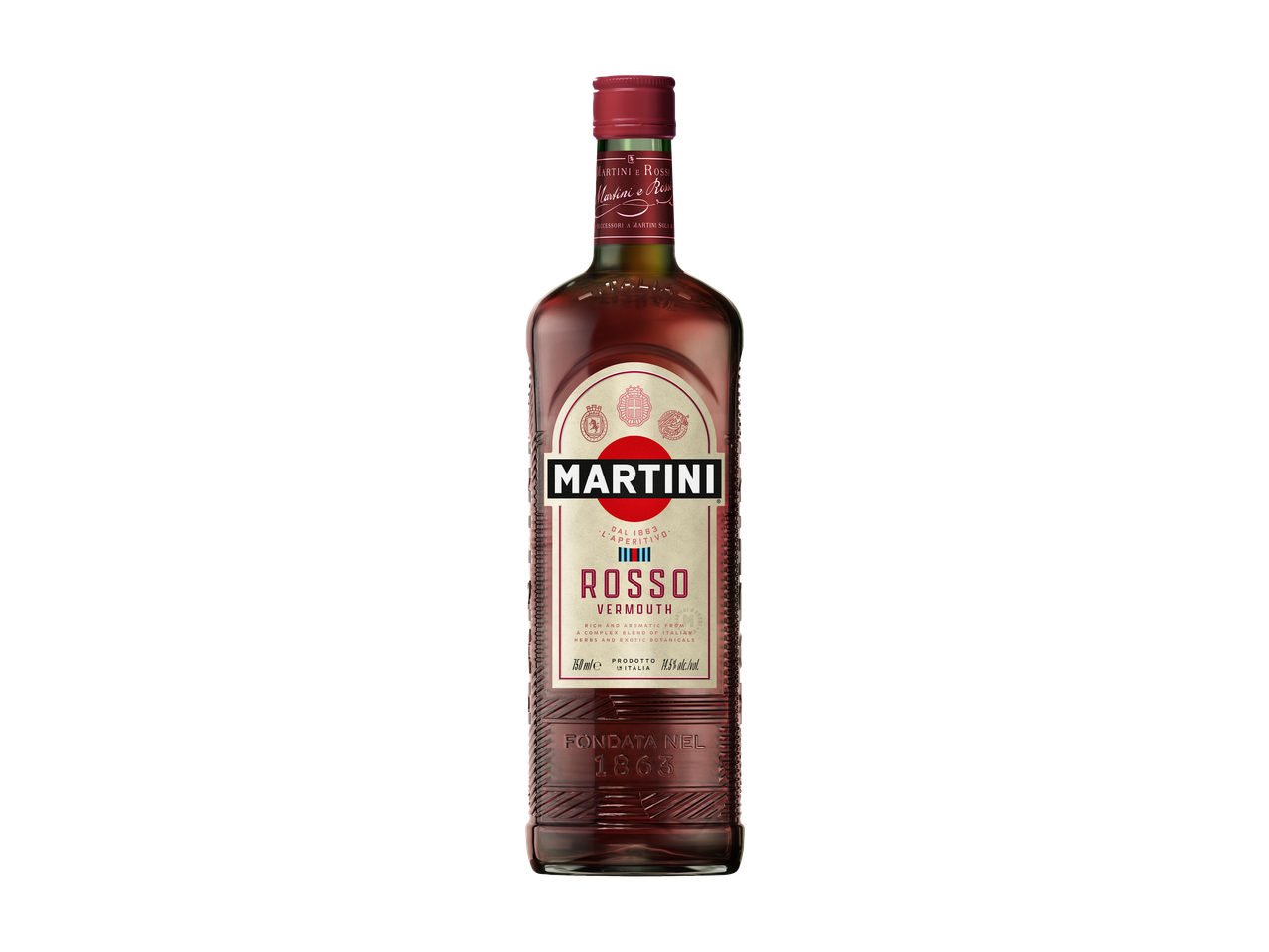 Garrafa de Martini Rosso Vermouth com rótulo vermelho e o texto 'FONDATA NEL 1863'.