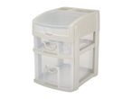 Light grey plastic storage unit with two clear drawers and a top compartment with a clear lid.