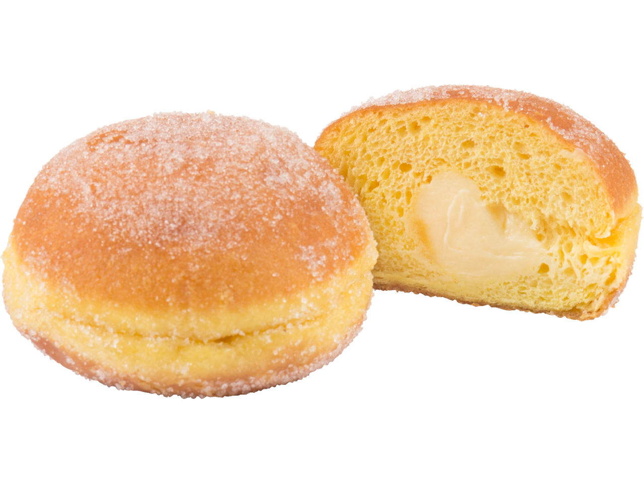 Lussemunk, en sockrad munk med krämig fyllning, en hel och en halverad.