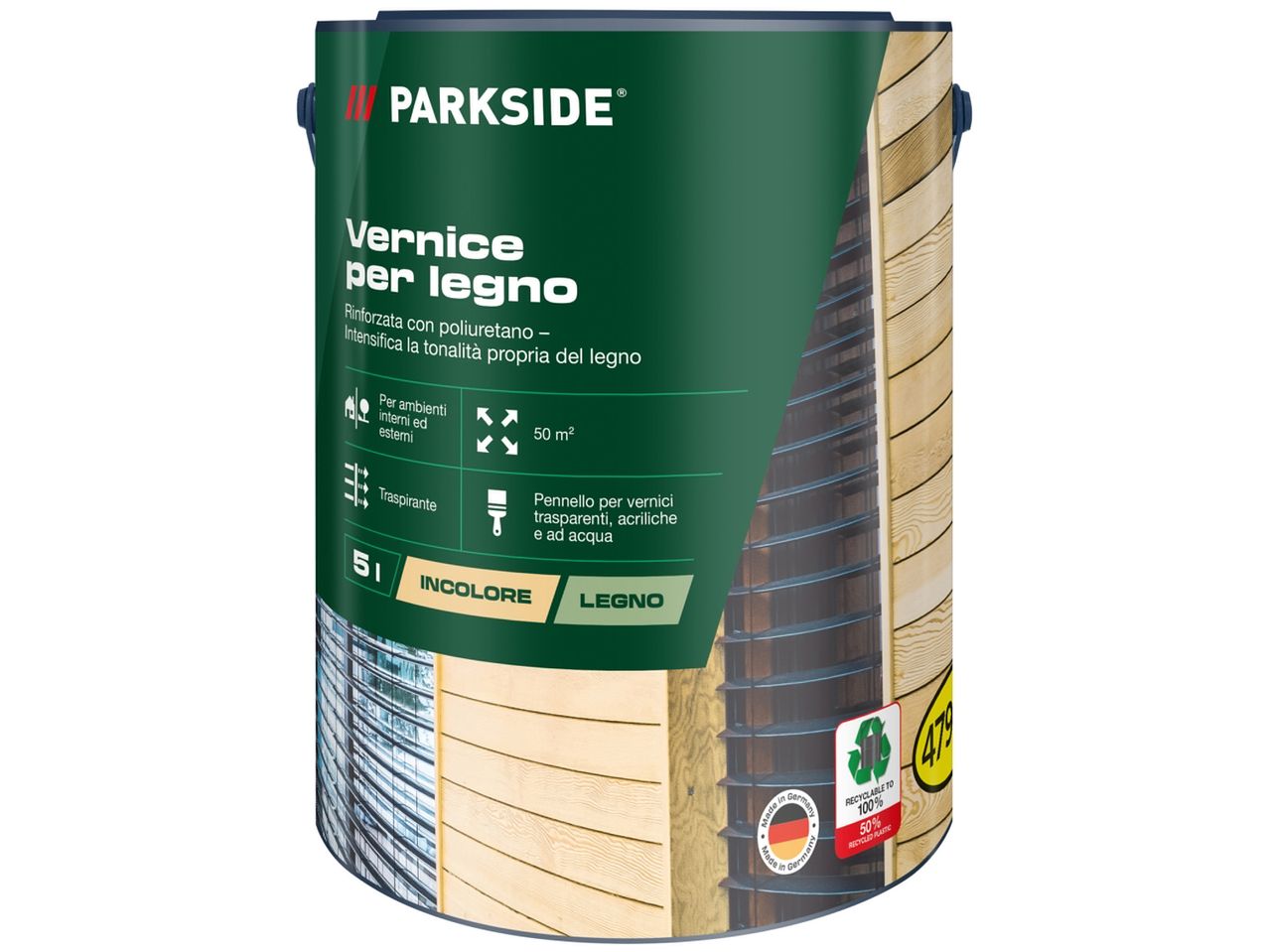 Parkside wood varnish with polyurethane, suitable for indoor and outdoor use.