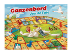 Bordspel met ganzen, kinderen en een molen, getiteld 'Ganzenbord, Jeu de l'oie'.