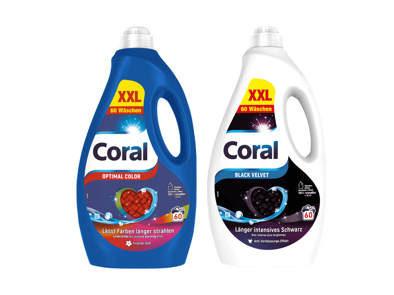 Coral Optimal Color und Black Velvet Flüssigwaschmittel in XXL-Flaschen für 60 Wäschen.