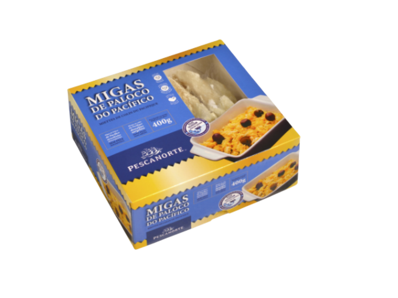 Embalagem de migas de paloco do Pacífico, 400g, com imagem do produto cozinhado.