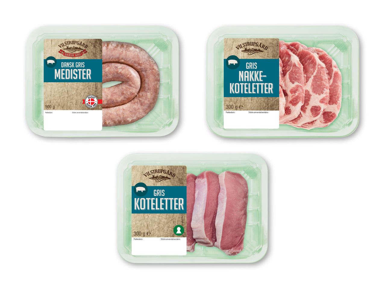 Tre pakker Vilstrupgaard svinekød: medisterpølse, nakkekoteletter og koteletter.