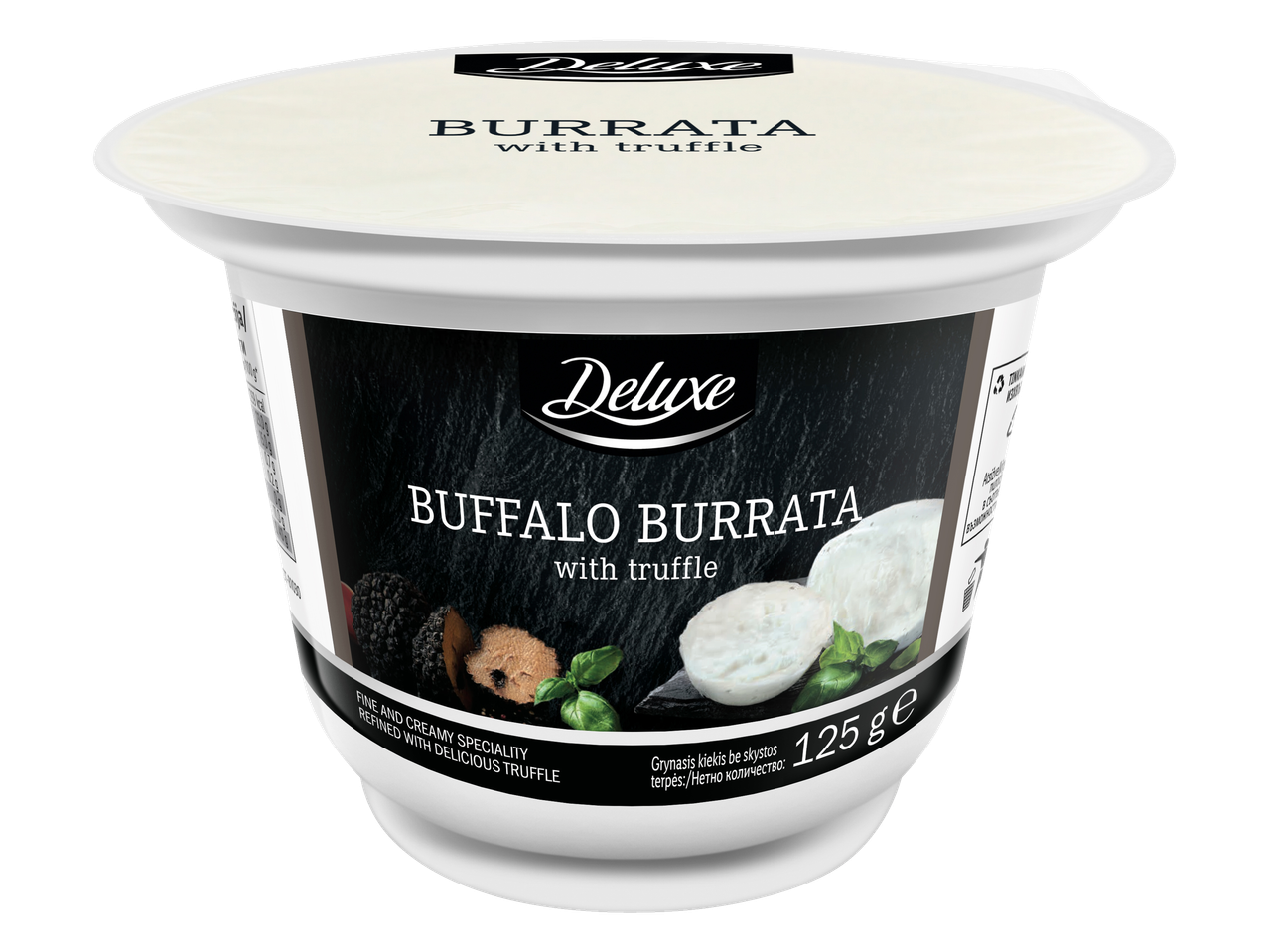 Deluxe buivolų burrata su trumais, 125g indelis.
