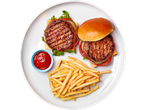 Two burgers and french fries.