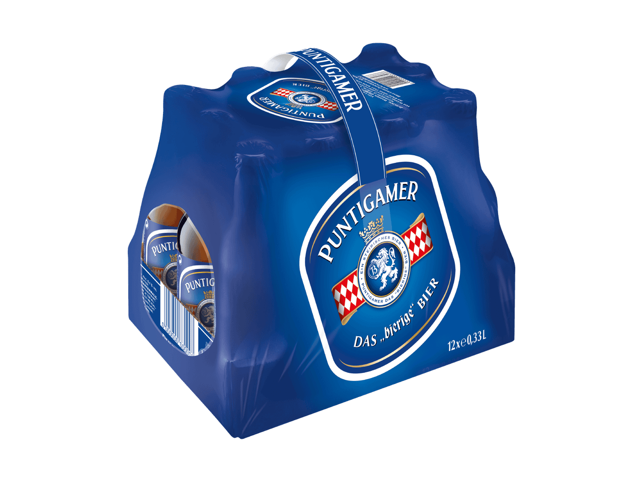 Zwölf 0,33l Flaschen Puntigamer Bier in einer blauen Verpackung.