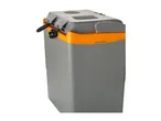 Grey and orange portable electric cool box with power cables