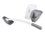 Toilet brush with silicone bristles and two holders in white and gray.