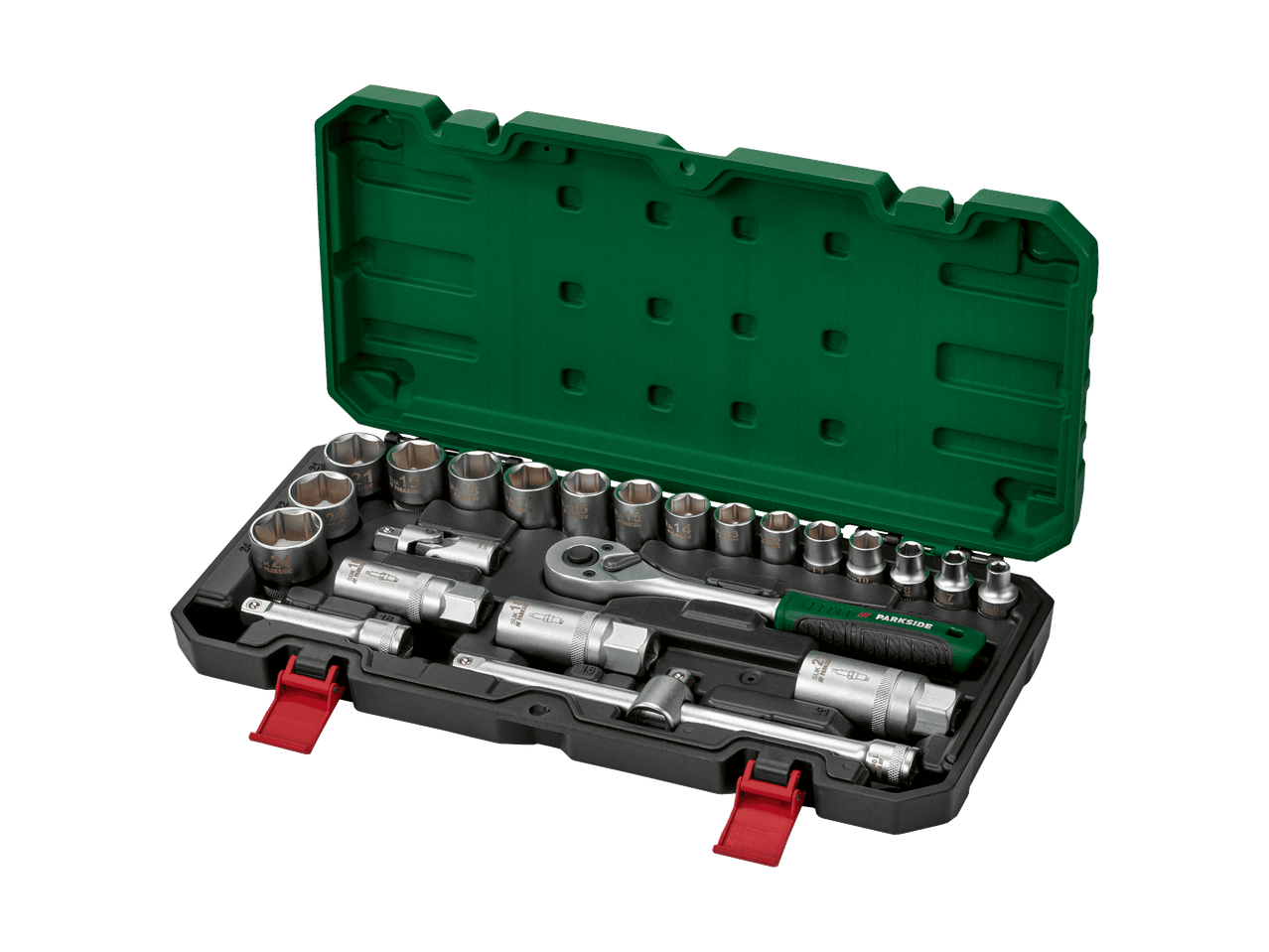 Jeu de clés à douille avec cliquet et douilles assorties dans un coffret vert.