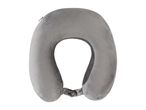 Gray U-shaped travel neck pillow with a snap closure.