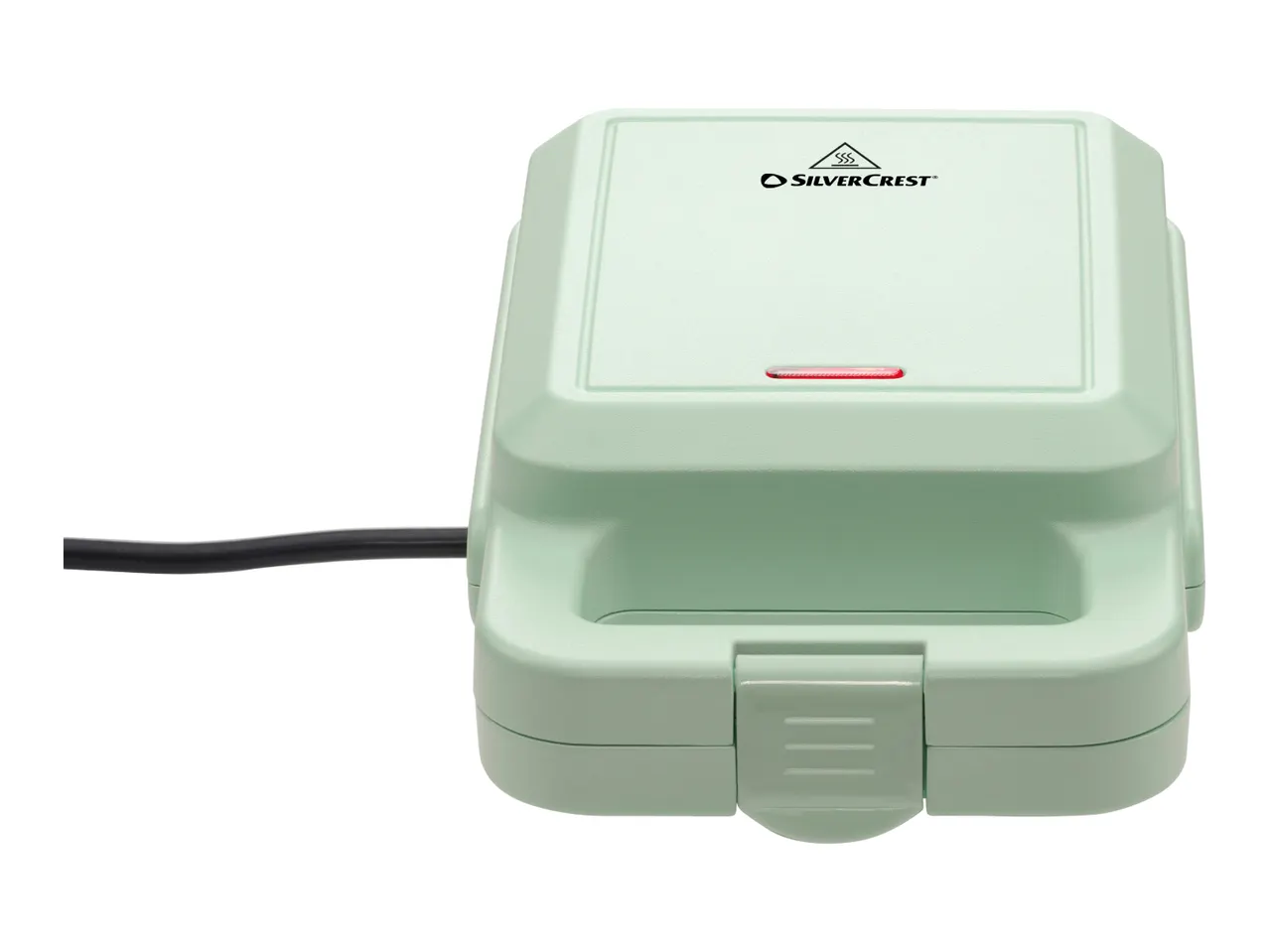 A light green SilverCrest mini waffle maker with a red indicator light and a black power cord.