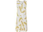 A sleeveless, knee-length dress with a V-neck and an abstract mustard yellow print on a white background.