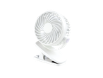 White clip-on desk fan.